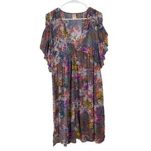 Akemi + Kin Anthropologie Floral V-Neck Empire Waist Midi Dress Multicolor L